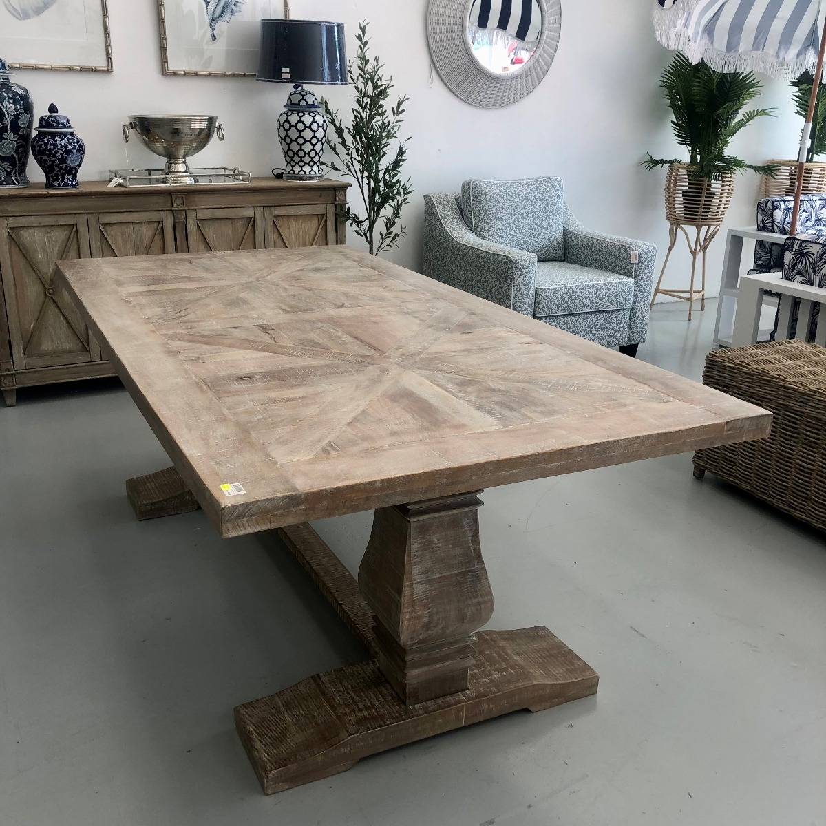 "Tuscany" Hamptons Style Hardwood Parquetry Timber Dining Table Pedestal Base Whitewash, 210x105cm (RRP $1999) - Image 2