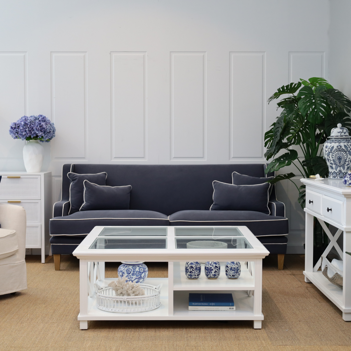 Bondi Hamptons 3 Seat Sofa Navy W/White Piping, W 215cm D 95cm H 94cm (RRP $2499) - Image 11