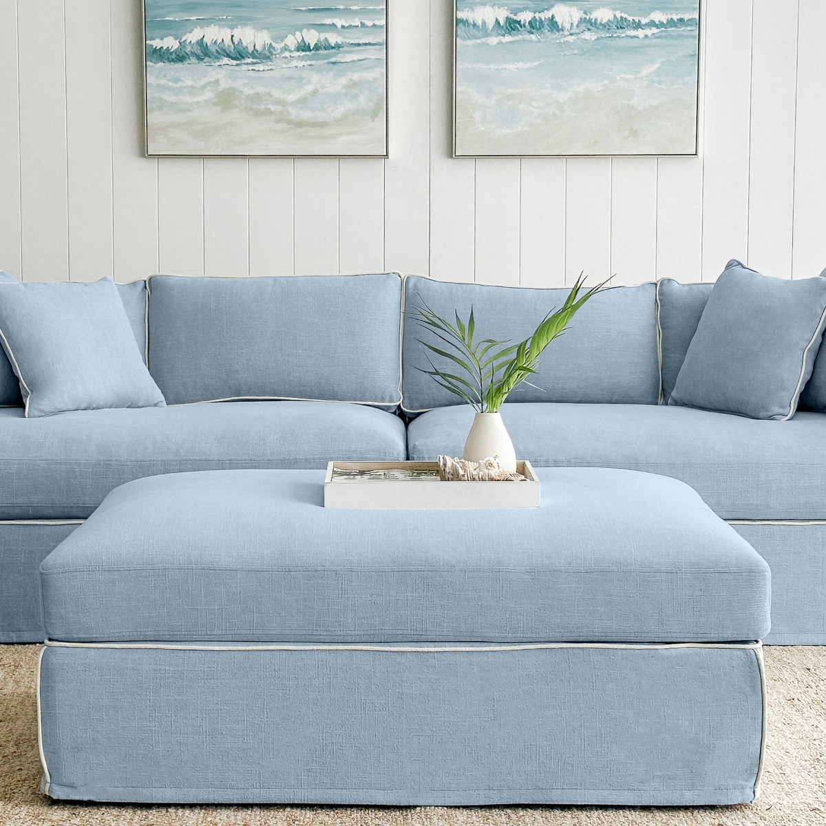 Marbella Ottoman Beach W/White Piping, W 125 D 91 H 45cm (RRP $1429) - Image 2