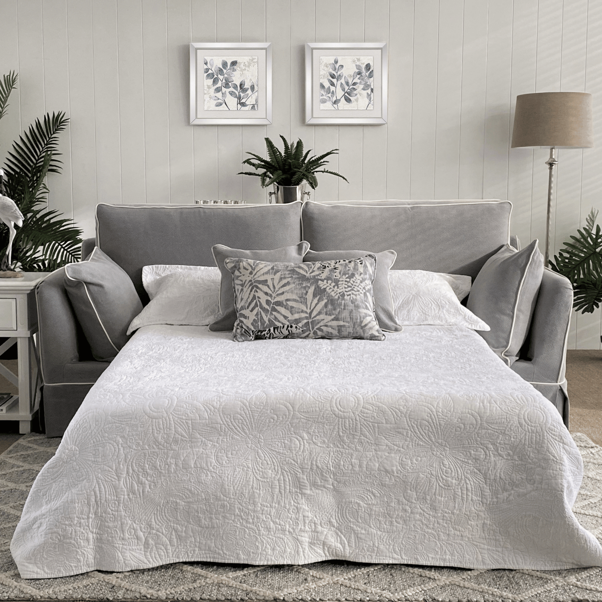 Noosa Hamptons 3 Seat Queen Sofa Bed Grey W/White Piping, W 221cm D 91cm H 80cm (RRP $4279) - Image 2