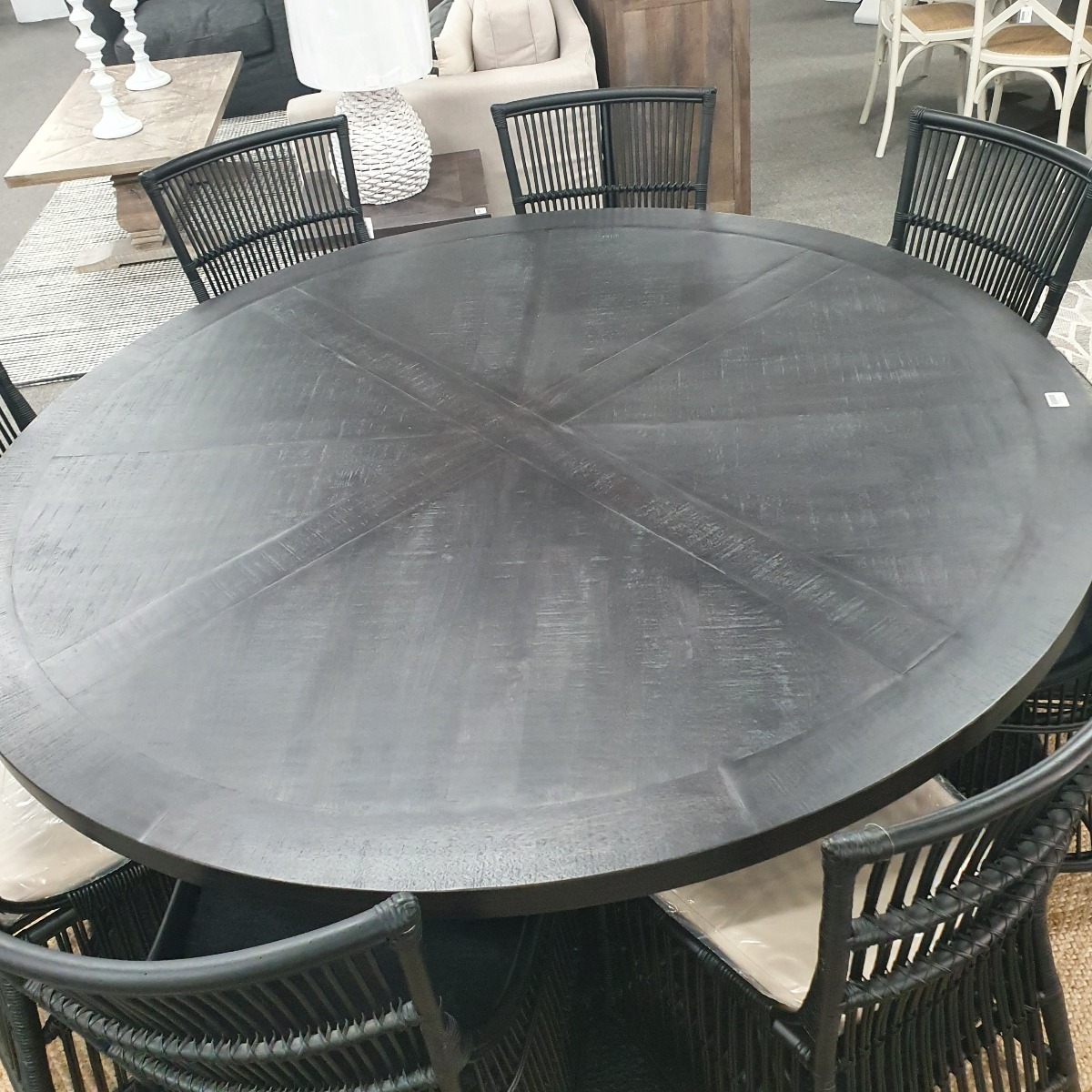 FLOORSTOCK CLEARANCE SALE "Atticus" Solid Timber Parquetry Round Dining Table with Pedestal Base in Black, 180cm (RRP $2999) - Image 2