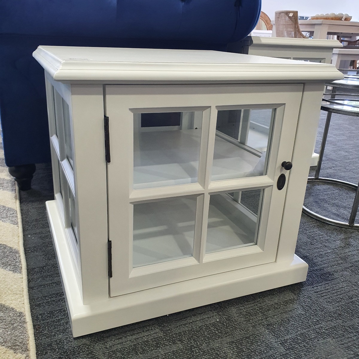 FLOORSTOCK SALE "Sommersby" Hardwood White Timber Lamp Table Glass Doors, 55x55x50cm (RRP $499) - Image 2