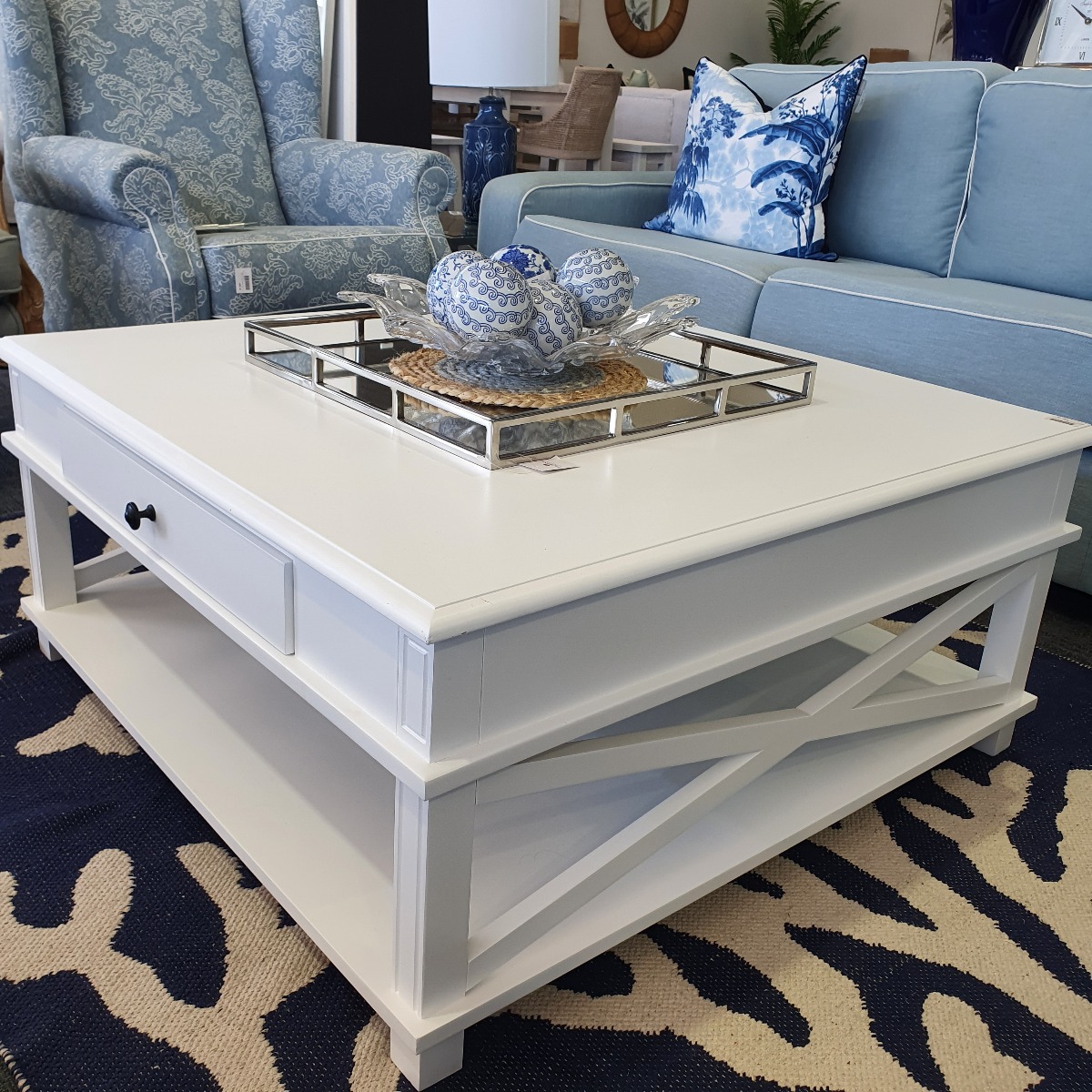 CLEARANCE SALE "Whitsunday" Hampton Style Timber Coffee Table White, 100cm x 100cm (RRP $899) - Image 3