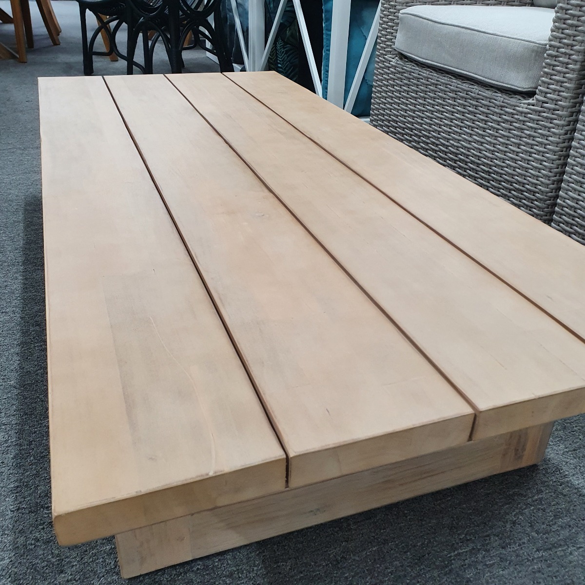FLOORSTOCK SALE "Primavera" Solid Hardwood Timber Coffee Table Light Teak, Suitable for Indoors or Outdoors, 220cm x 65cm x 32cmH (RRP $1499) - Image 2