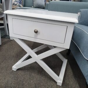 "Montauk" Hamptons Style Timber Side Table Cross Leg White, 55cmW x 42cmD x 58cmH (RRP $399)