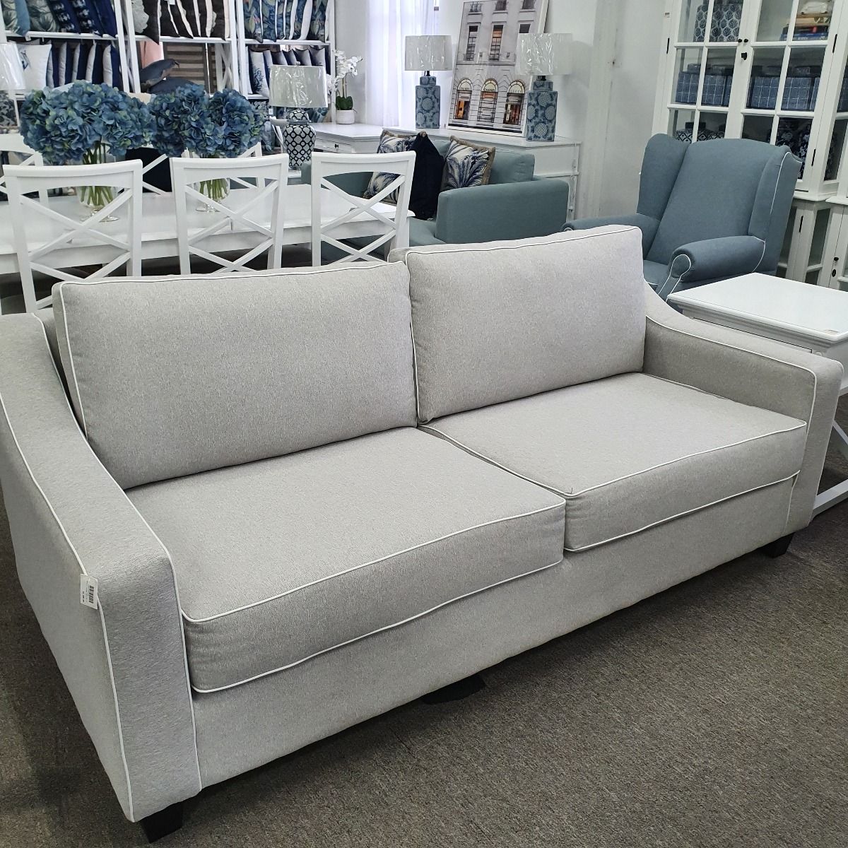 "Amalfi" Australian Made Hamptons Style 3 Seater Lounge, 210cm x 95cm x 80cmH. Colour: Profile Maine Beige, White Piping - Image 2