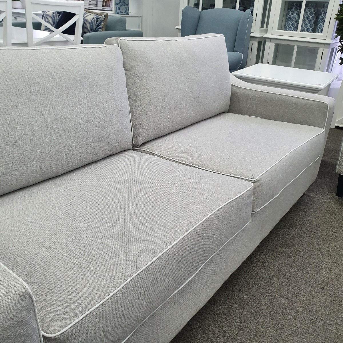 "Amalfi" Australian Made Hamptons Style 3 Seater Lounge, 210cm x 95cm x 80cmH. Colour: Profile Maine Pewter, White Piping - Image 3