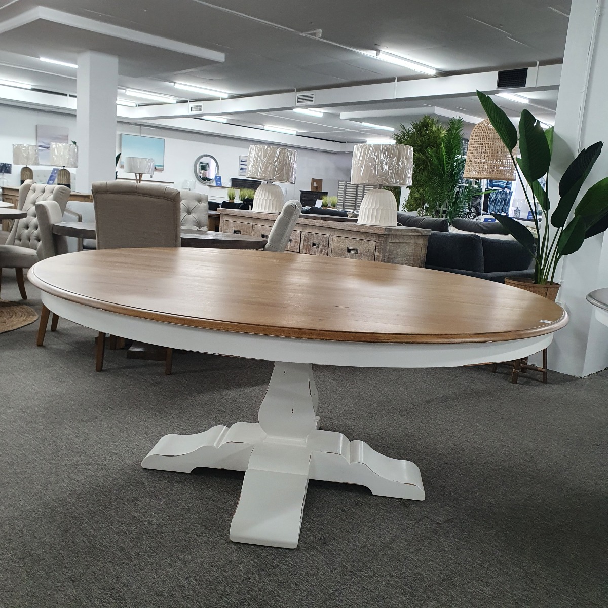 FLOORSTOCK CLEARANCE SALE "Hamptons House" Round Timber Dining Table with Antique French Oak Top & Distressed White Base, 180cm (RRP $3299) - Image 3
