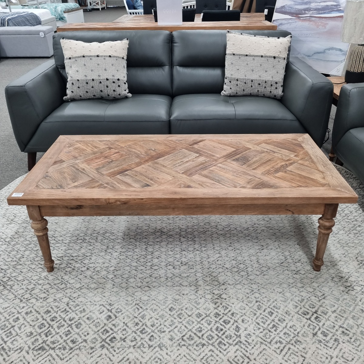 "Marrakesh" Hardwood Parquetry Coffee Table with turned legs Recycled Elm, 140cm x 70cm x 42cm (RRP $1299) - Image 2