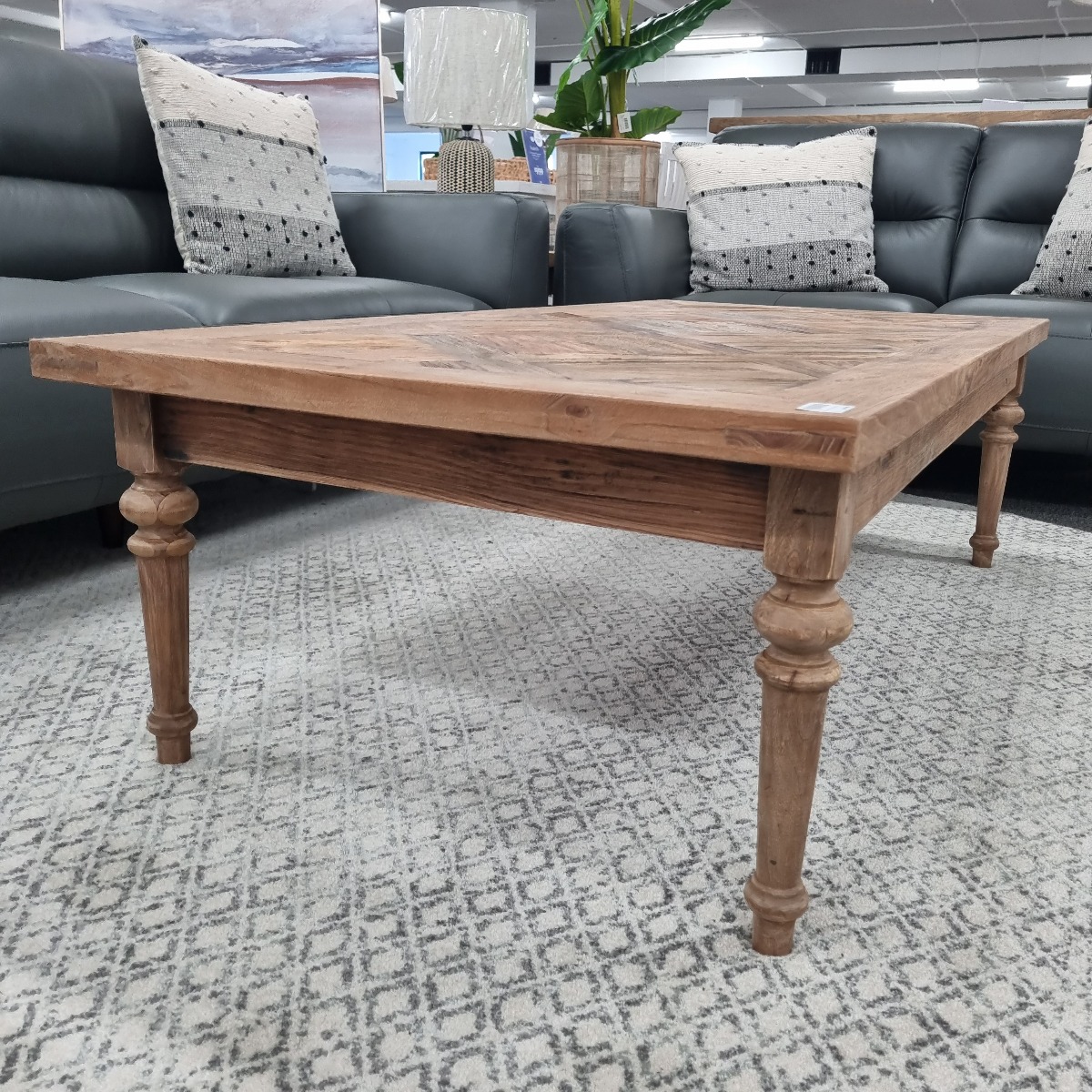 "Marrakesh" Hardwood Parquetry Coffee Table with turned legs Recycled Elm, 140cm x 70cm x 42cm (RRP $1299) - Image 4