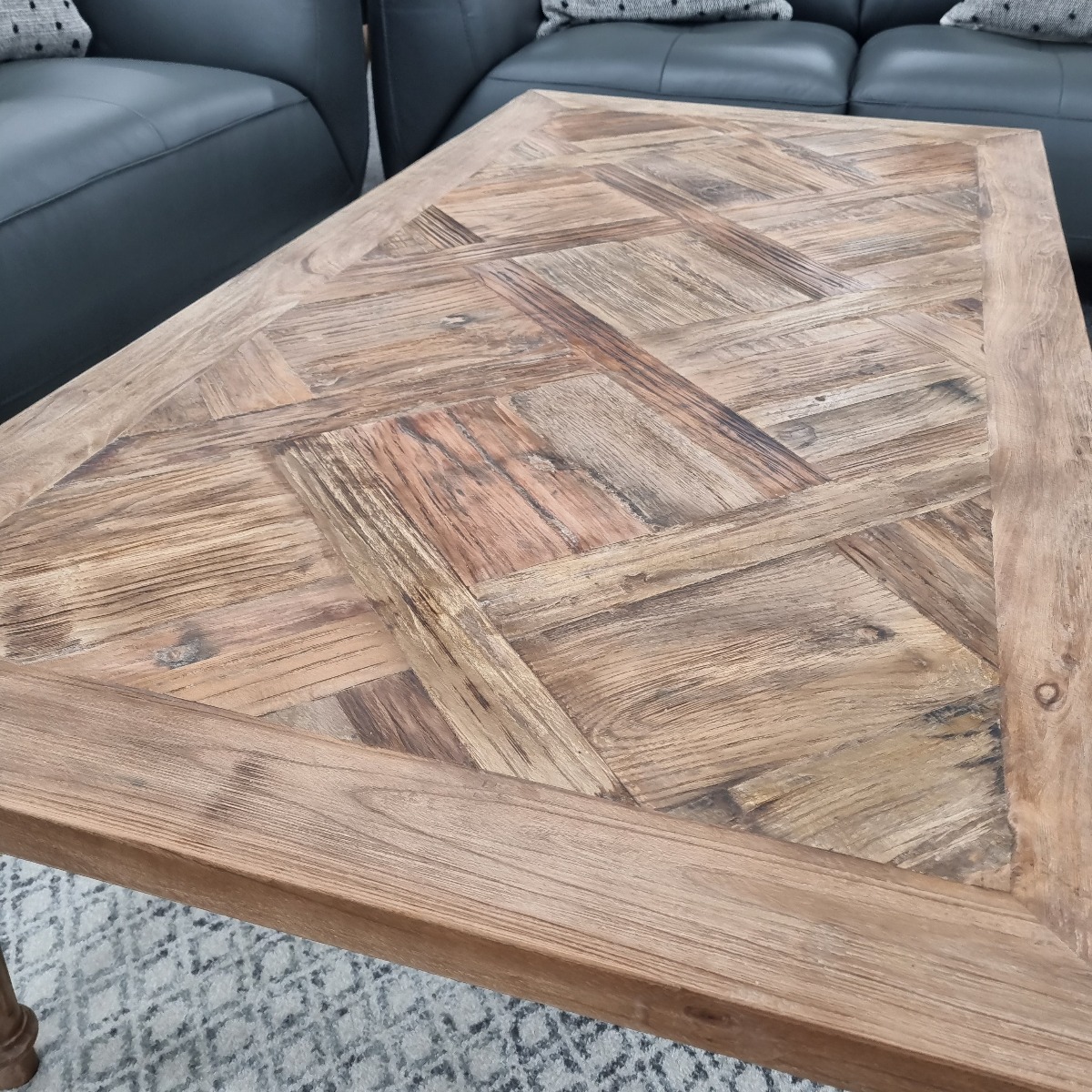 "Marrakesh" Hardwood Parquetry Coffee Table with turned legs Recycled Elm, 140cm x 70cm x 42cm (RRP $1299) - Image 3