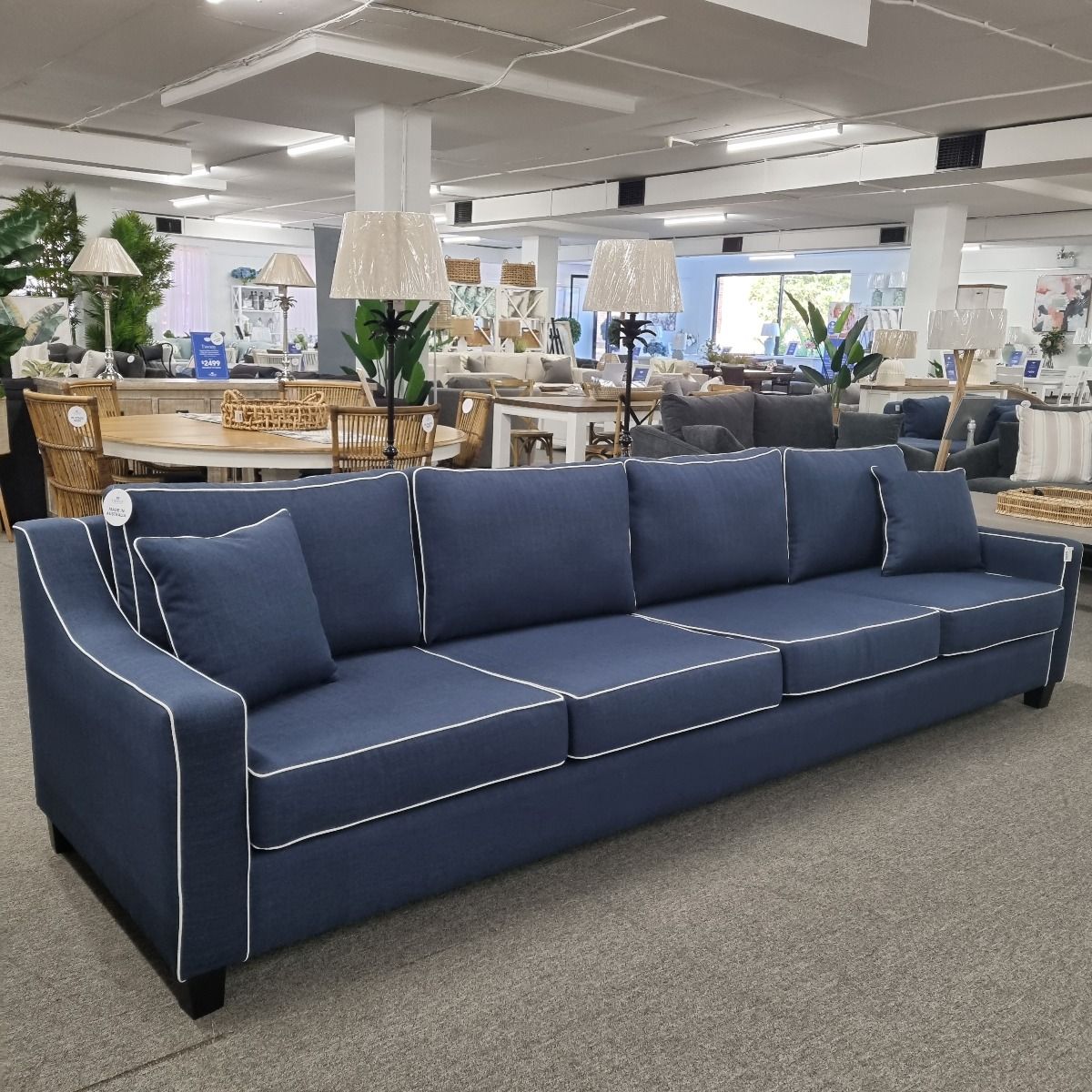 "Amalfi" Hamptons Style 5 Seater Australian Made Lounge, 320cm x 95cm x 80cmH, Colour: Profile Maine Royal, White Piping - Image 2