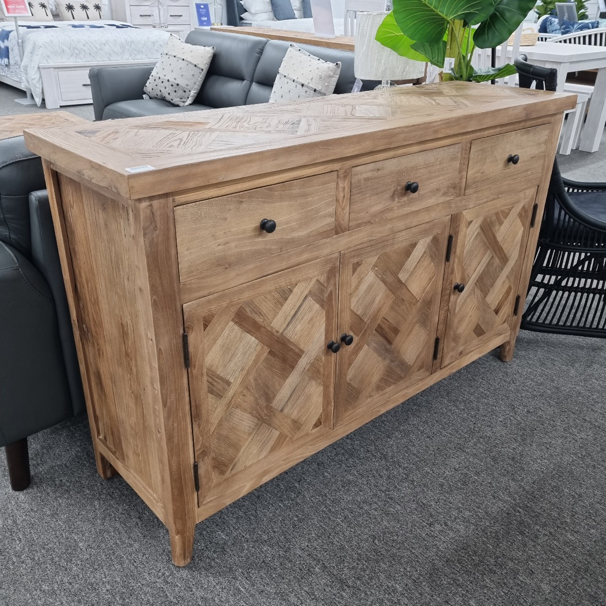 "Marrakesh" Hardwood Parquetry Buffet 3 Door 3 Drawer Recycled Elm, 140cmL x 42cmD x 88cmH - Image 2
