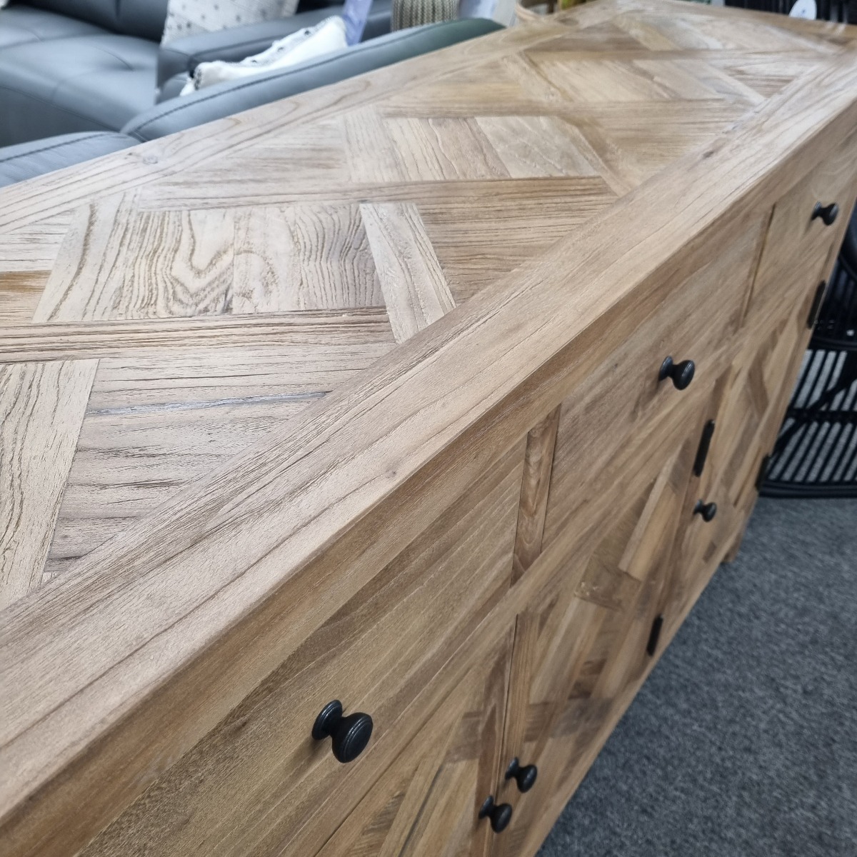 "Marrakesh" Hardwood Parquetry Buffet 3 Door 3 Drawer Recycled Elm, 140cmL x 42cmD x 88cmH - Image 4