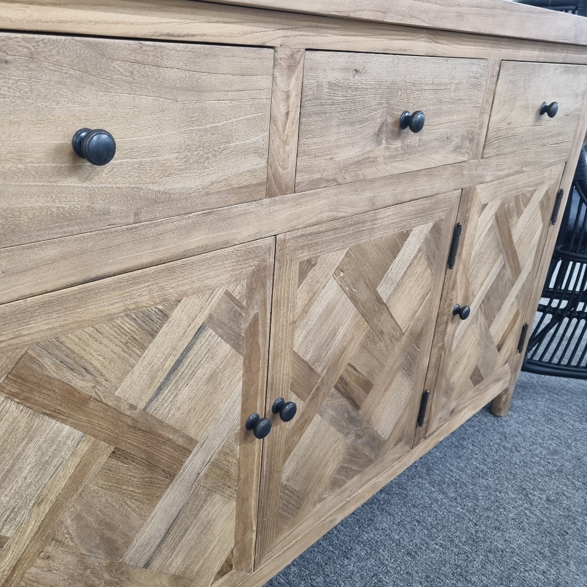 "Marrakesh" Hardwood Parquetry Buffet 3 Door 3 Drawer Recycled Elm, 140cmL x 42cmD x 88cmH - Image 5