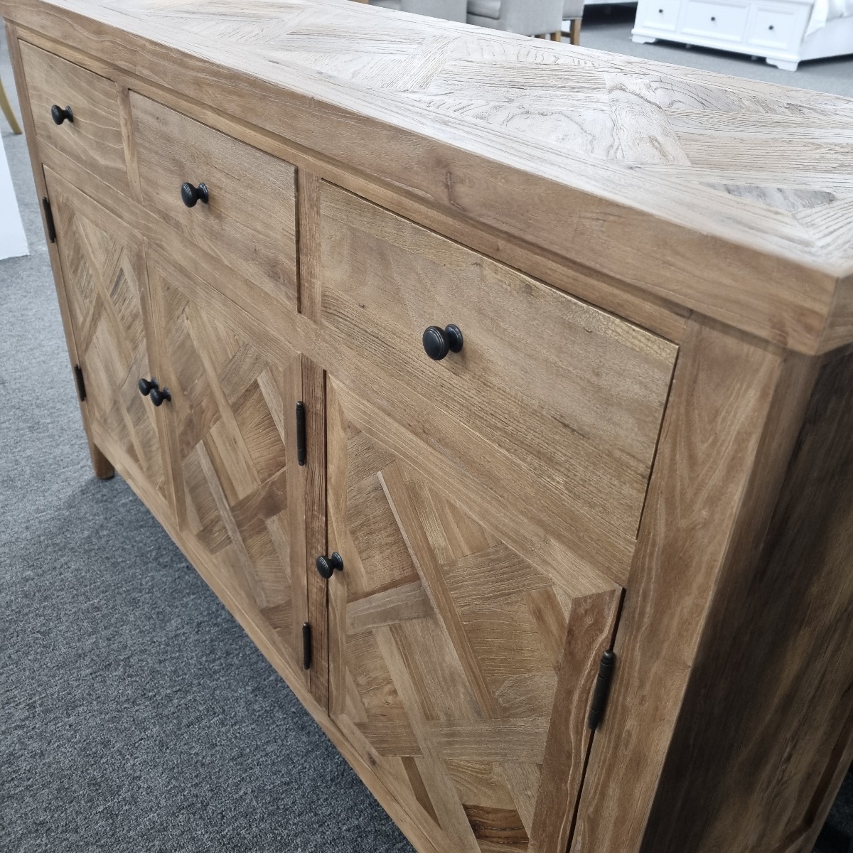 "Marrakesh" Hardwood Parquetry Buffet 3 Door 3 Drawer Recycled Elm, 140cmL x 42cmD x 88cmH - Image 3