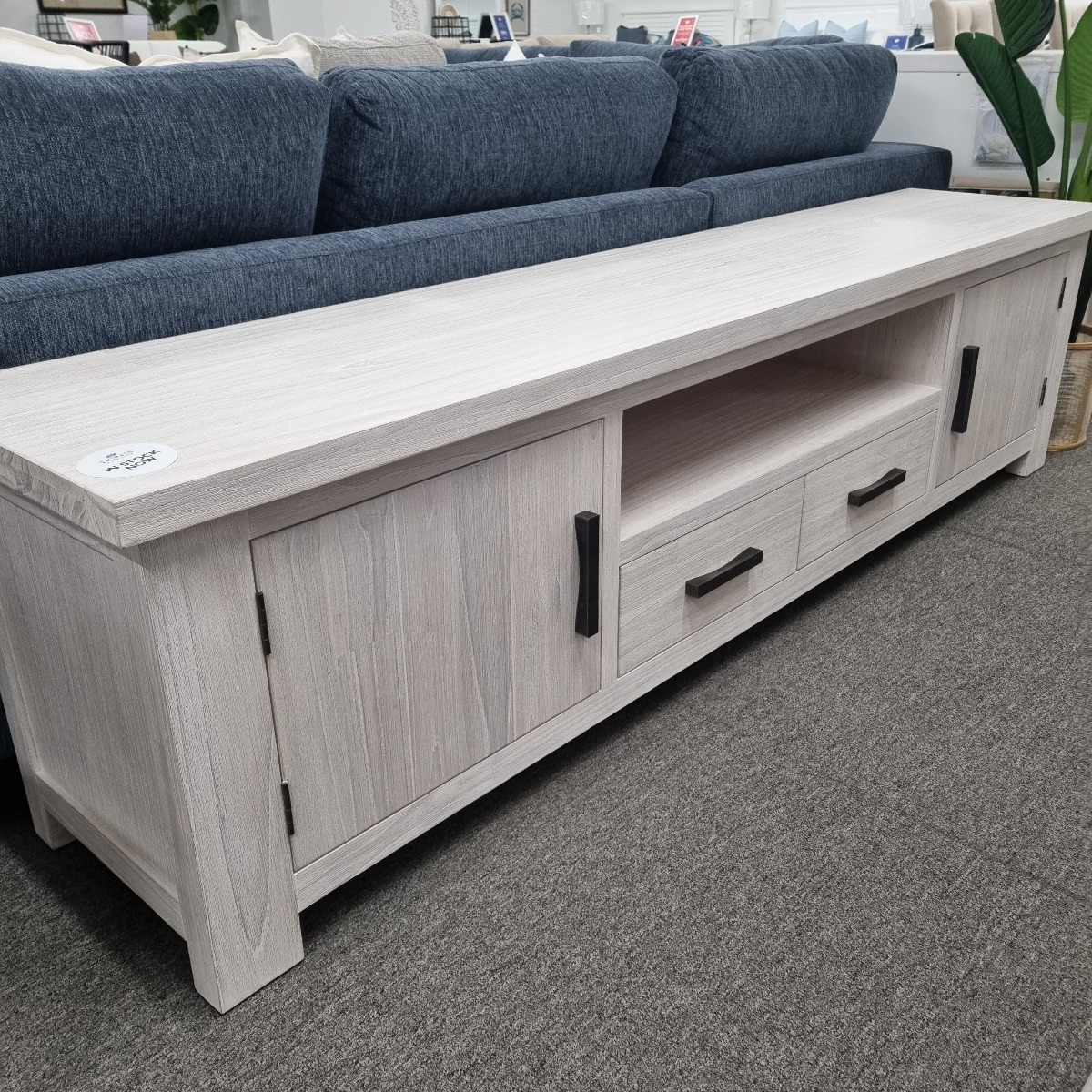 CLEARANCE "Seaforth" Solid Hardwood Timber Entertainment TV Unit Whitewash, 220cmW x 45cmD x 57.5cmH (RRP $1199) - Image 2
