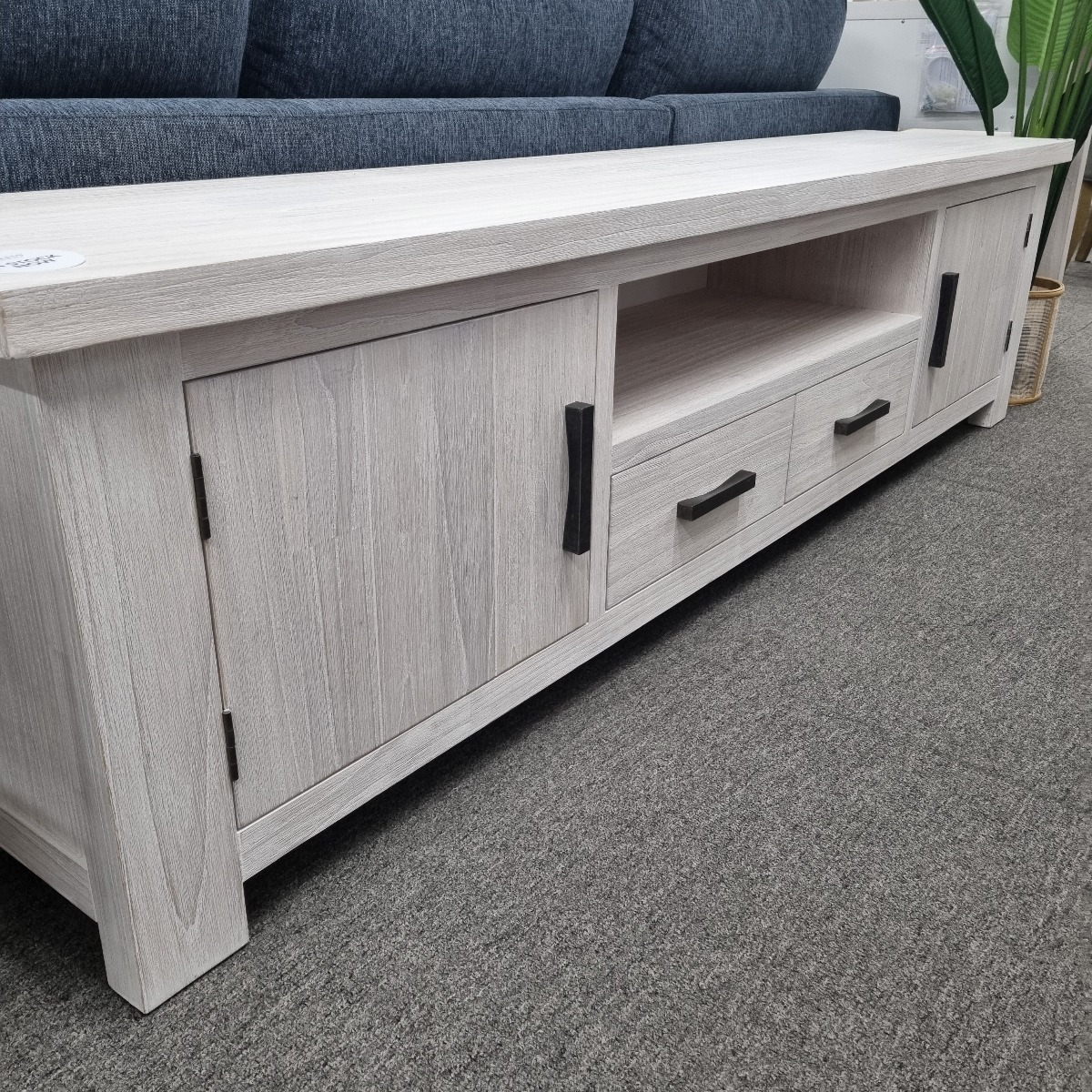 CLEARANCE "Seaforth" Solid Hardwood Timber Entertainment TV Unit Whitewash, 220cmW x 45cmD x 57.5cmH (RRP $1199) - Image 3