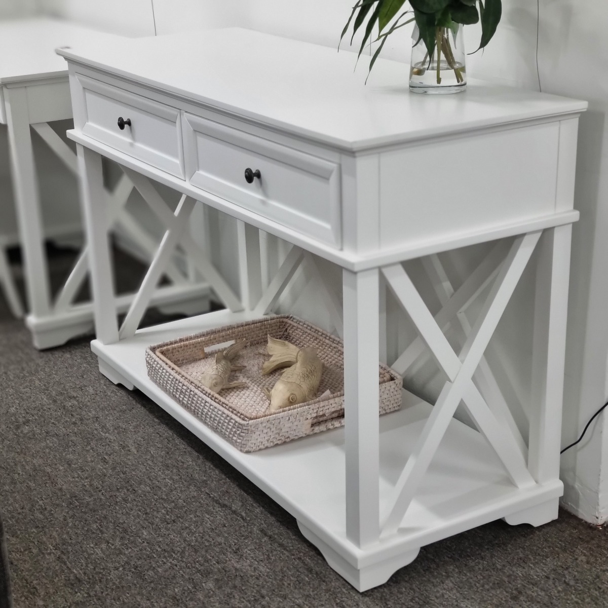 "Emily" Hamptons Style Timber Console Table 2 Drawer White, 130cmL x 50cmD x 85cmH - Image 2