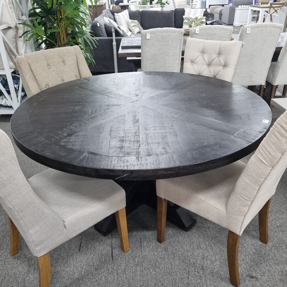 FLOORSTOCK CLEARANCE SALE "Atticus" Solid Timber Parquetry Round Dining Table with Pedestal Base in Black, 150cm - Image 5