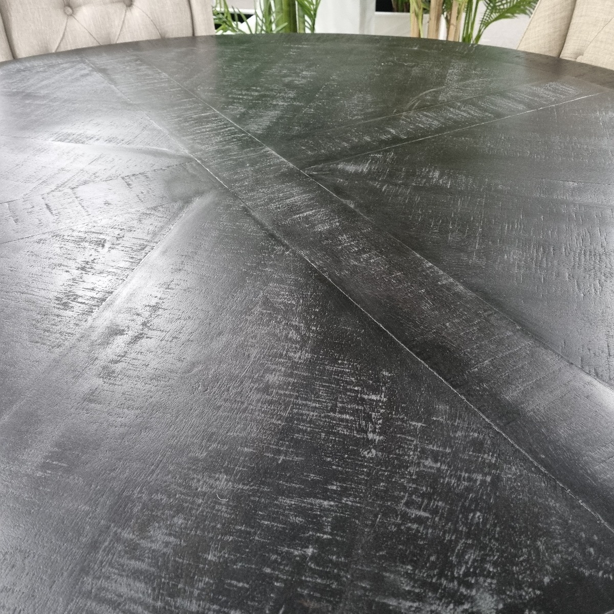 FLOORSTOCK CLEARANCE SALE "Atticus" Solid Timber Parquetry Round Dining Table with Pedestal Base in Black, 150cm - Image 4