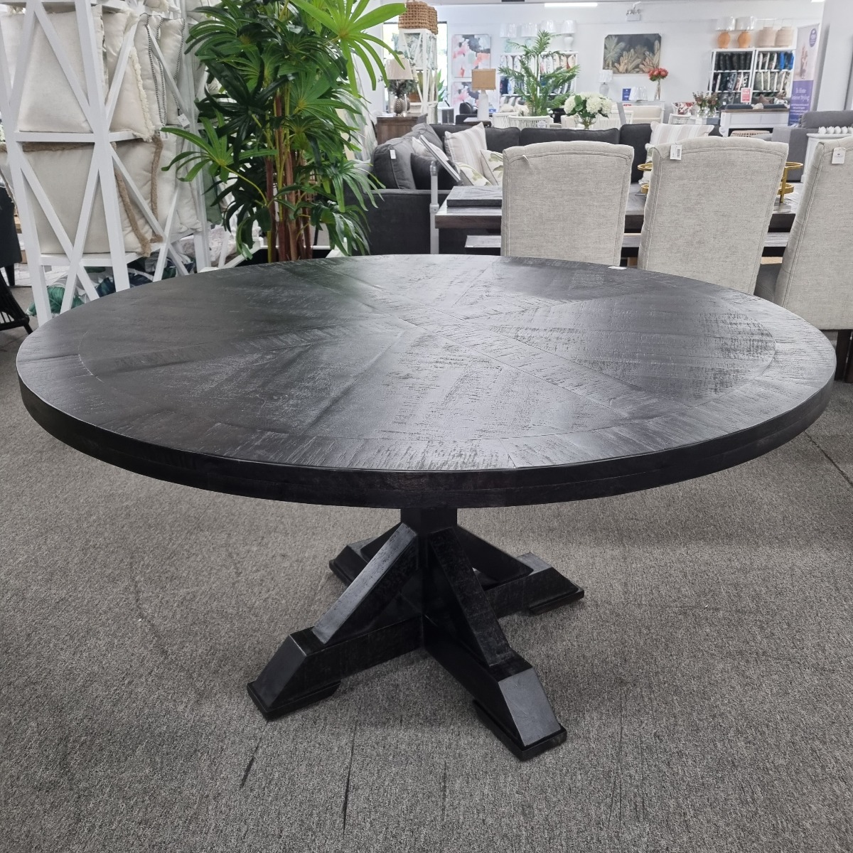 FLOORSTOCK CLEARANCE SALE "Atticus" Solid Timber Parquetry Round Dining Table with Pedestal Base in Black, 150cm - Image 3