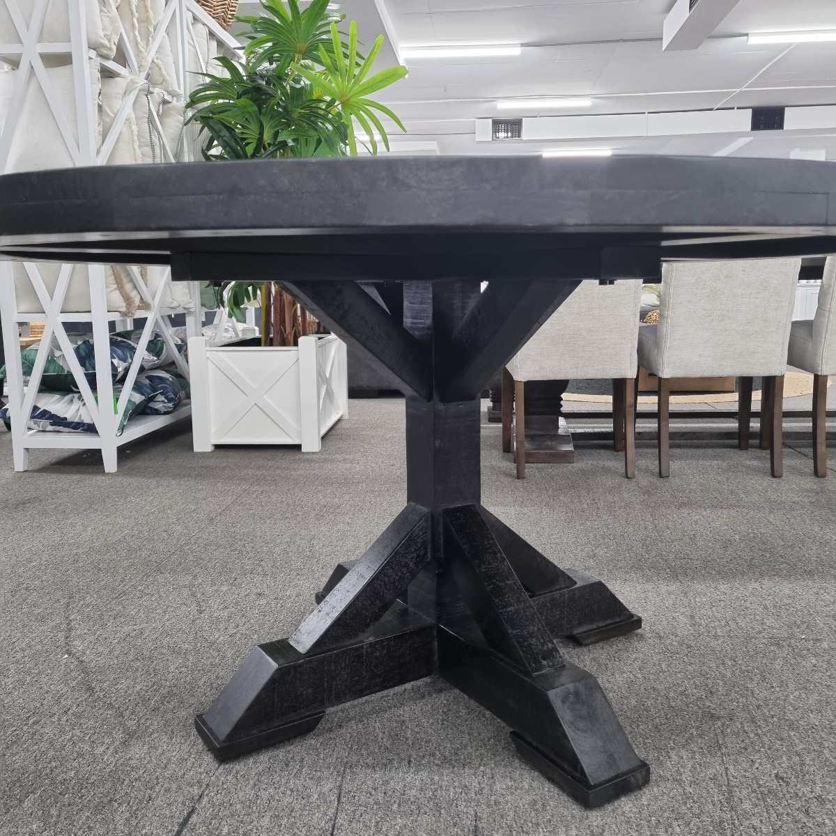 FLOORSTOCK CLEARANCE SALE "Atticus" Solid Timber Parquetry Round Dining Table with Pedestal Base in Black, 150cm - Image 2