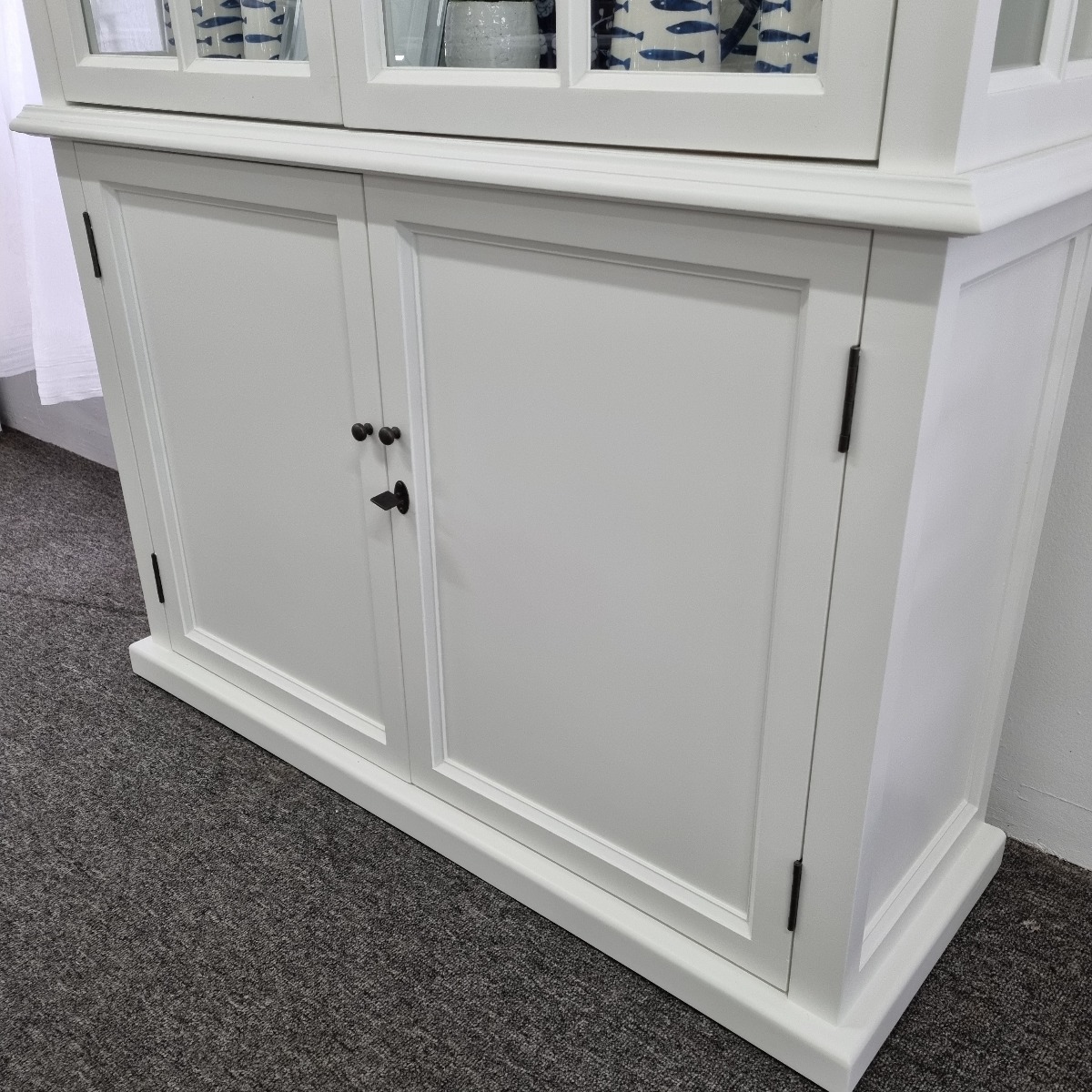 "Whitehaven" Hamptons Style Timber Glass & Solid Door Display Cabinet White, 120cmL x 40cmD x 220cmH - Image 2