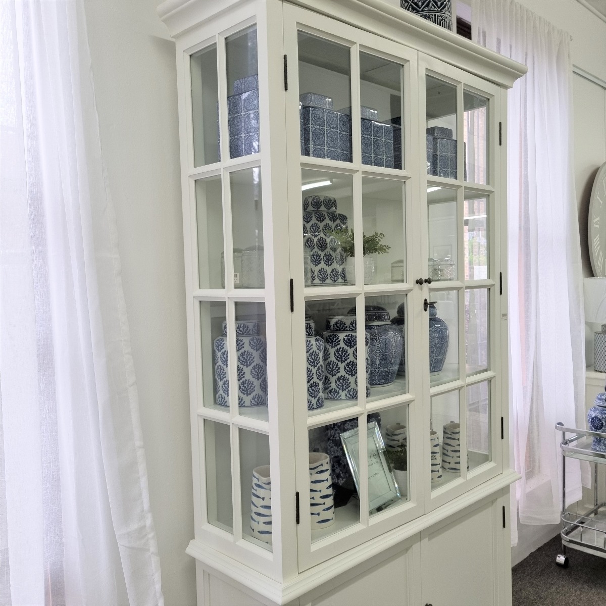 "Whitehaven" Hamptons Style Timber Glass & Solid Door Display Cabinet White, 120cmL x 40cmD x 220cmH - Image 3