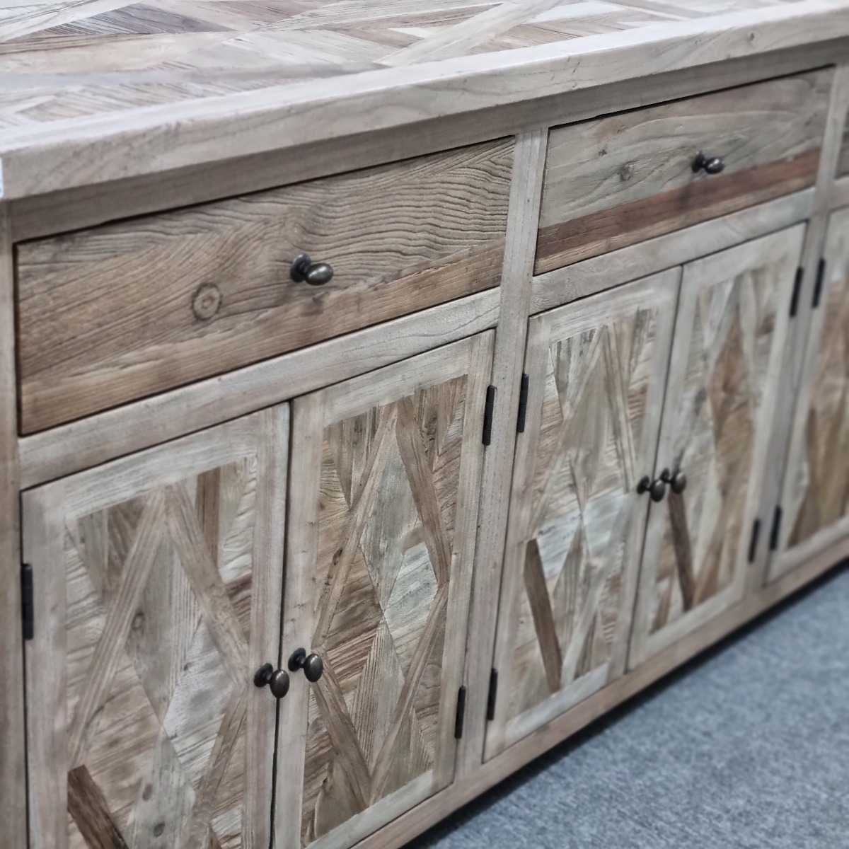 "Parquet" Hamptons Style Rustic Timber Parquetry Buffet, 200cm x 45cm x 90cmH - Image 2