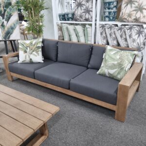 "Maldives" Hamptons Style Outdoor Timber 3 Seater Lounge with Charcoal Cushions, W237 x D89 x H75 CM (RRP $1999)