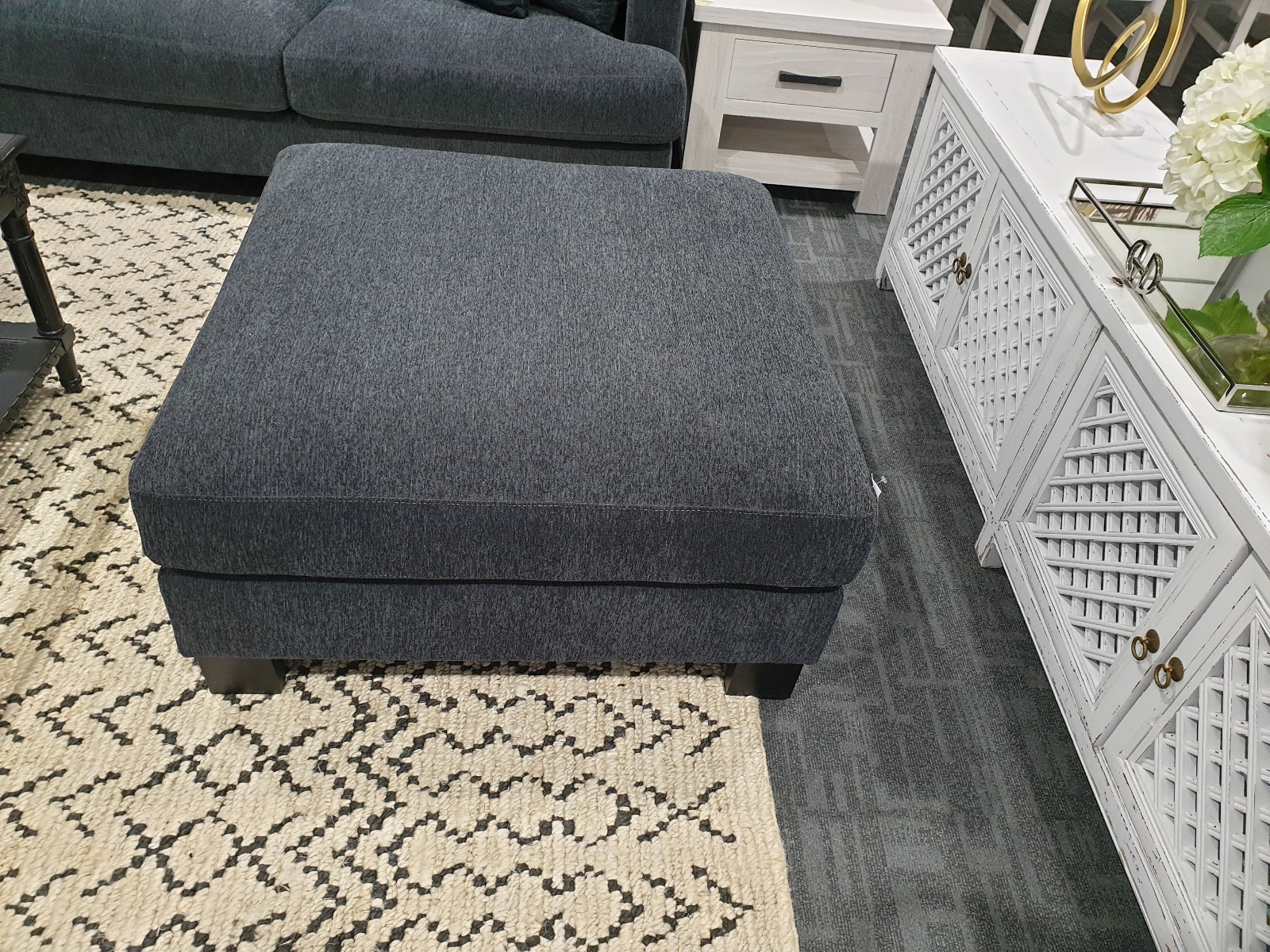 FEATHER LOUNGE SUPER SALE "Oasis" Feather wrapped foam Fabric Ottoman in Ebony, 93cmL x 93cm (RRP $799) - Image 2
