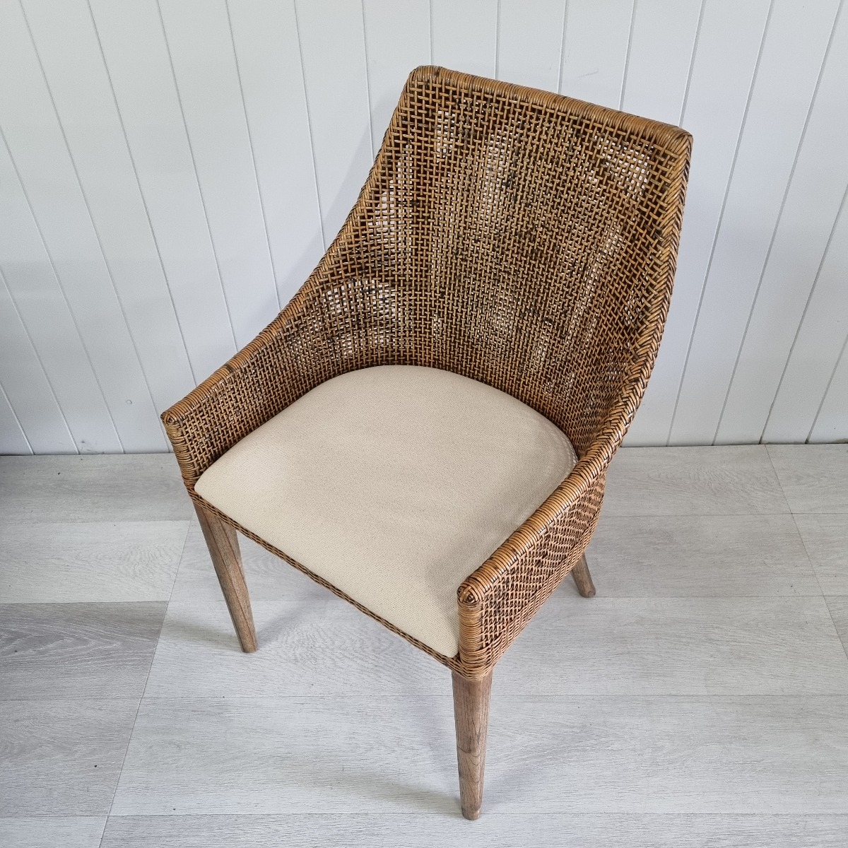 SECONDS STOCK "Coral Bay" Hampton Style Rattan Dining Chair Natural Wash with Mindi Timber Legs (RRP $449) - Image 6