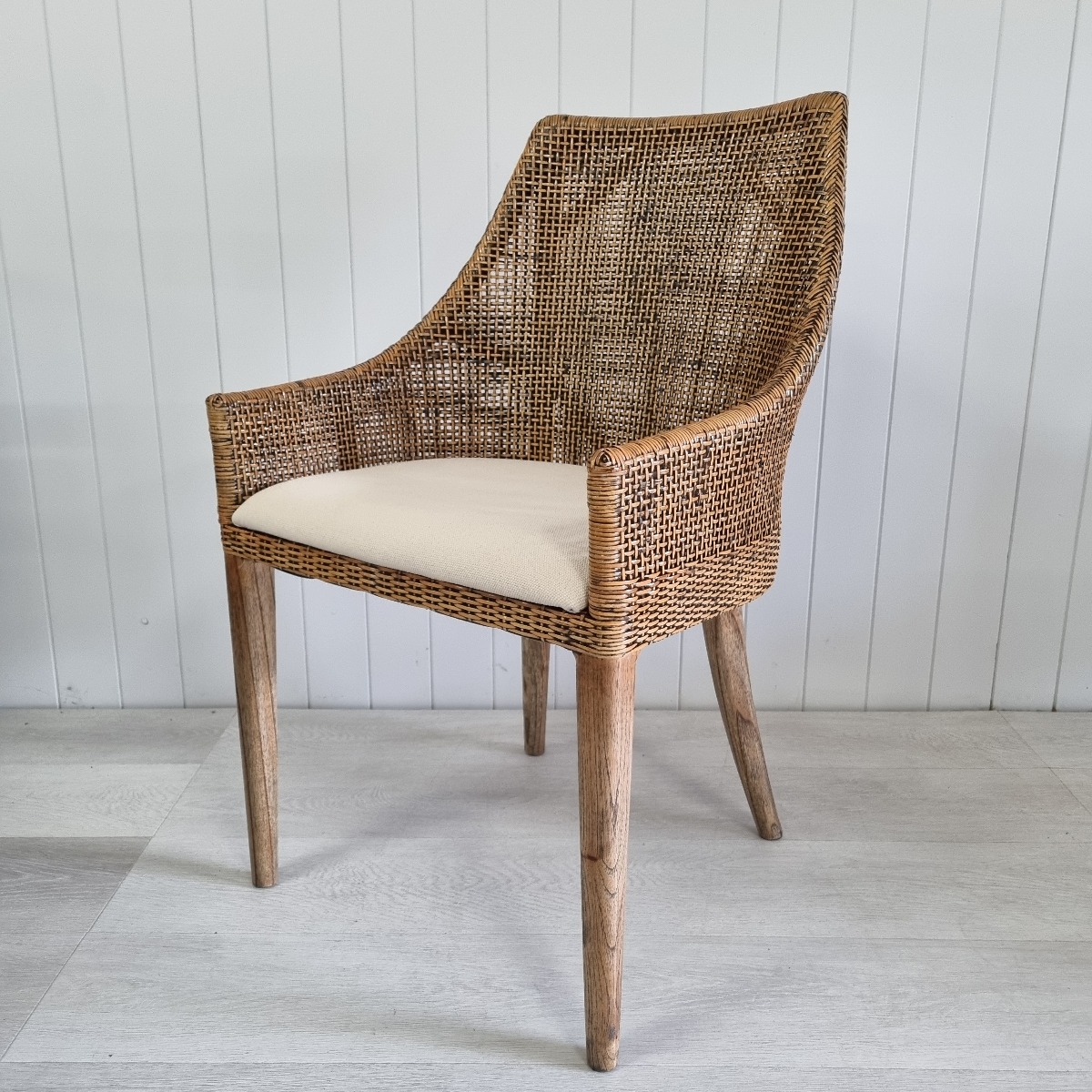 SECONDS STOCK "Coral Bay" Hampton Style Rattan Dining Chair Natural Wash with Mindi Timber Legs (RRP $449) - Image 5