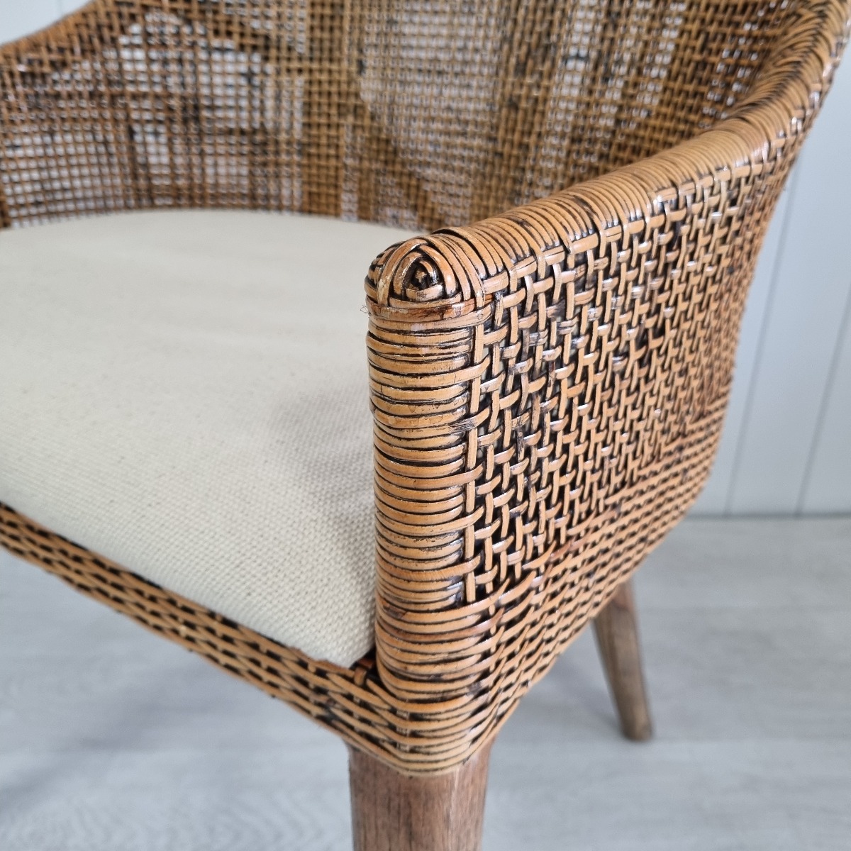 SECONDS STOCK "Coral Bay" Hampton Style Rattan Dining Chair Natural Wash with Mindi Timber Legs (RRP $449) - Image 2