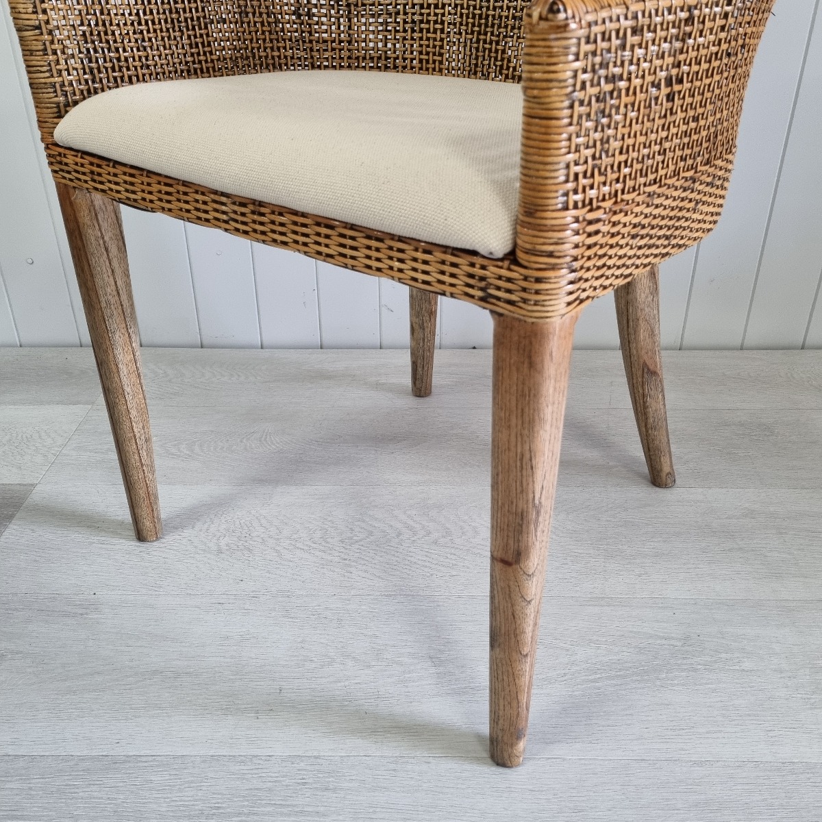 SECONDS STOCK "Coral Bay" Hampton Style Rattan Dining Chair Natural Wash with Mindi Timber Legs (RRP $449) - Image 4