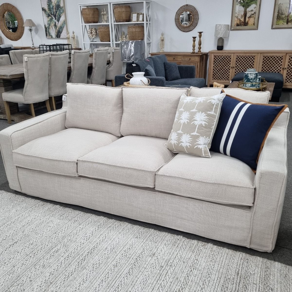 FLOORSTOCK CLEARANCE SALE "Eastport" Hamptons Style Feather Filled Fabric 3 Seater Lounge with Removable & Dry Cleanable Slip Covers, Available in Linen and Grey (RRP $2499)-Eastport Grey Colour Swatch - Image 2