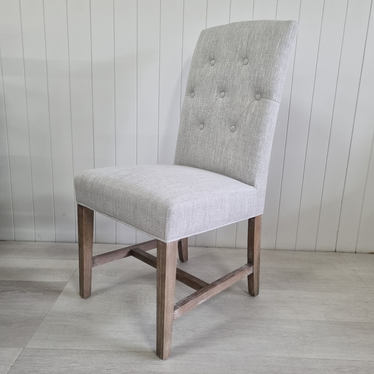 Tiffany Hamptons Style Buttoned Dining Chair, Silver with Whitewash Timber Legs (RRP $349) - Image 5