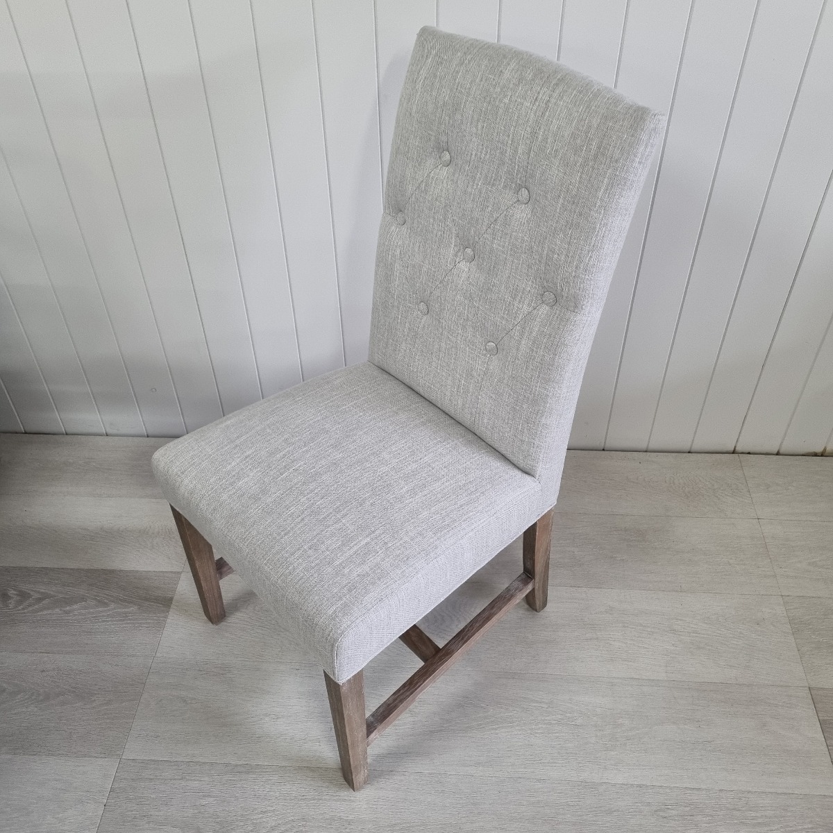 Tiffany Hamptons Style Buttoned Dining Chair, Silver with Whitewash Timber Legs (RRP $349) - Image 6