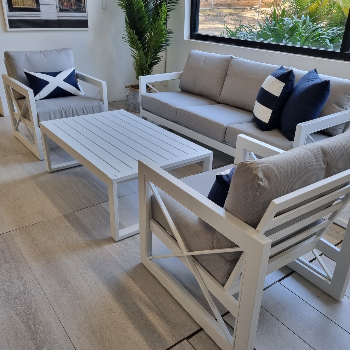 "St Regis" Hamptons Style Aluminium 4 Piece Outdoor Setting, 3 Seater Lounge, 2 x Single Seater Lounges with Coffee Table, White (RRP $3499) - Image 2