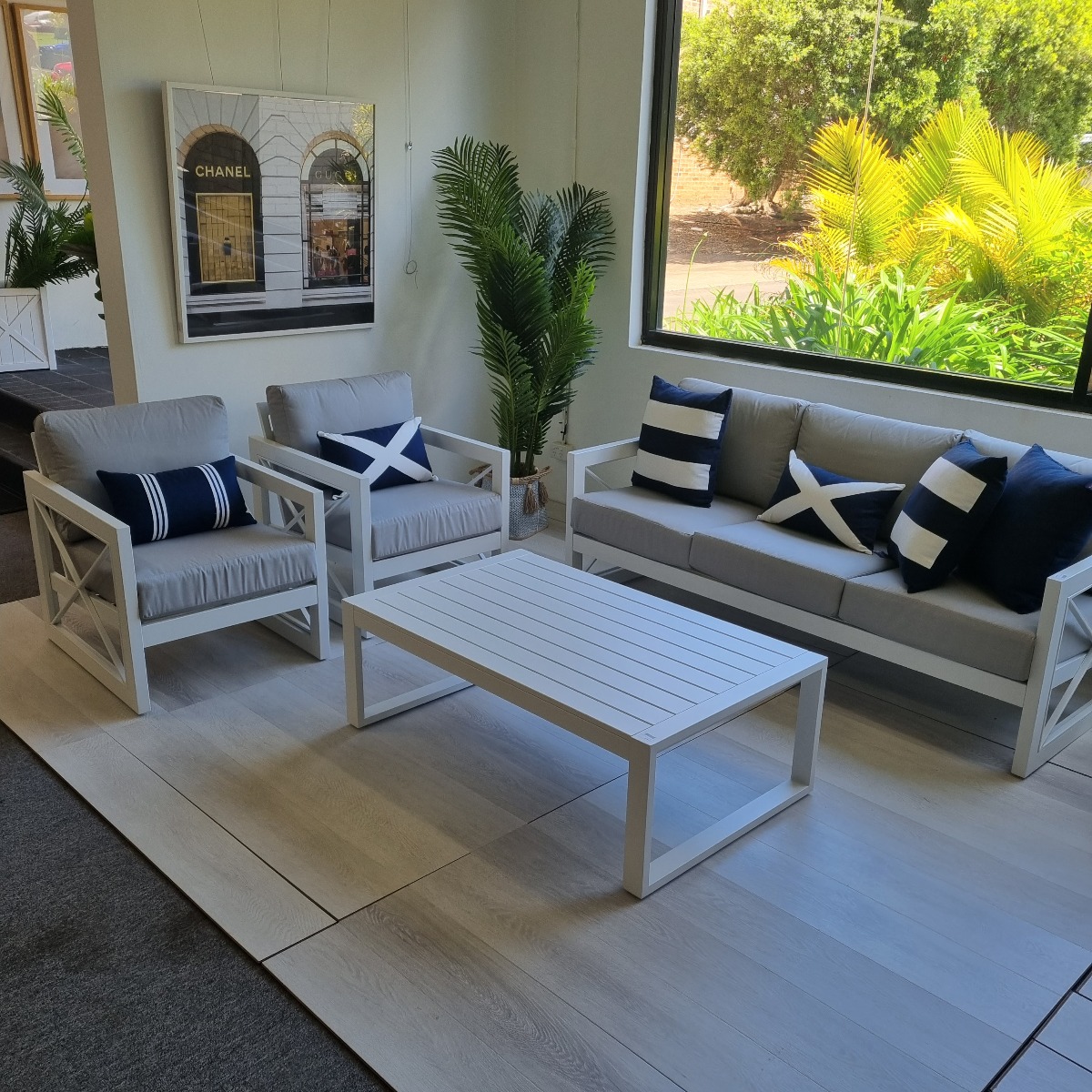 "St Regis" Hamptons Style Aluminium 4 Piece Outdoor Setting, 3 Seater Lounge, 2 x Single Seater Lounges with Coffee Table, White (RRP $3499) - Image 3