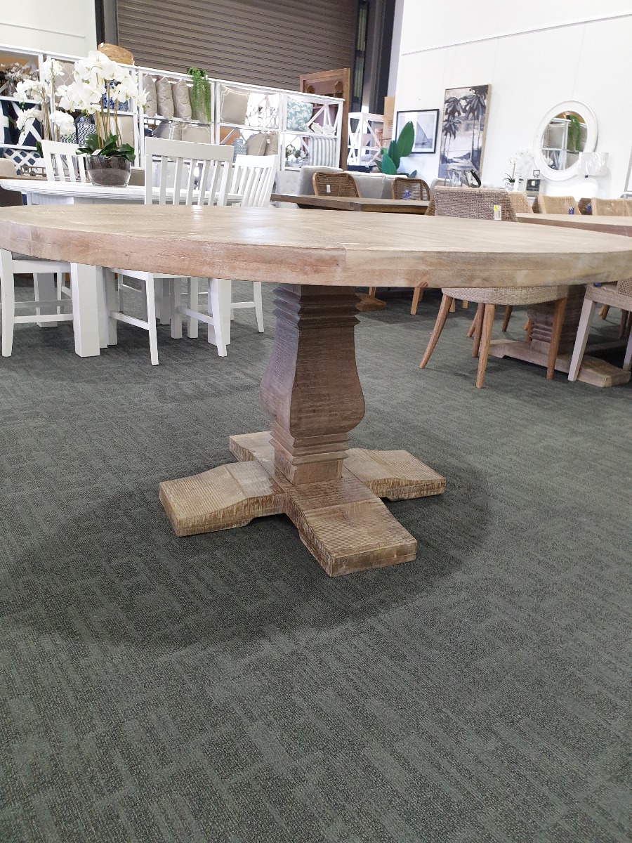 "Tuscany" Hampton Style Hardwood Timber Parquetry Round Dining Table with Pedestal Base Whitewash, 150cm (RRP $1999) - Image 2