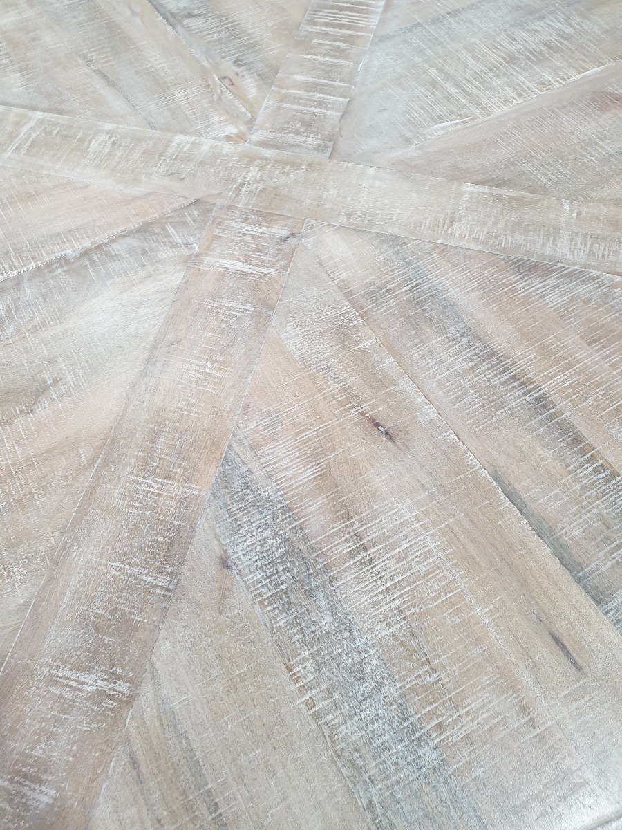 "Tuscany" Hampton Style Hardwood Timber Parquetry Round Dining Table with Pedestal Base Whitewash, 150cm (RRP $1999) - Image 3