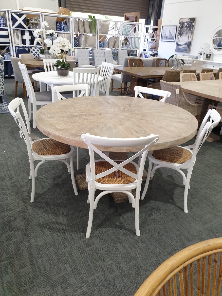 "Tuscany" Hampton Style Hardwood Timber Parquetry Round Dining Table with Pedestal Base Whitewash, 150cm (RRP $1999) - Image 4