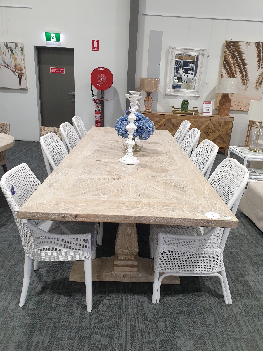 "Whitsunday" Hamptons Style Hardwood Timber Parquetry Dining Table with Pedestal Base, Beachwhite Finish, 300x120x77cm (RRP $4999) - Image 3