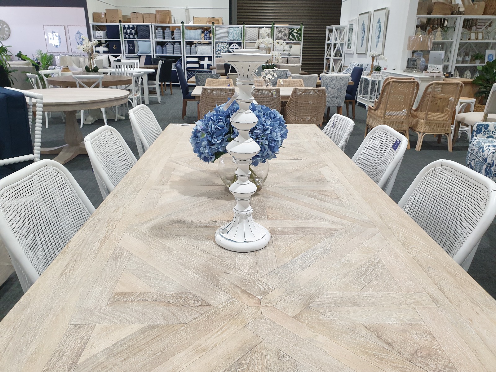 "Whitsunday" Hamptons Style Hardwood Timber Parquetry Dining Table Pedestal Base, Beachwhite Finish, 300x120x77cm (RRP $4999) - Image 3