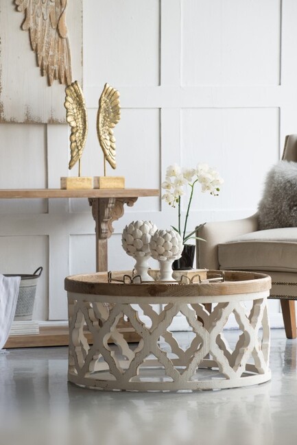 "Haven" Lattice Round Coffee Table in Distressed White, 81cm x 81cm x 40cmH - Image 2