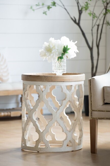 "Haven" Lattice Round Side Table in Distressed White, 50cm x 50cm x 58.5cmH - Image 3