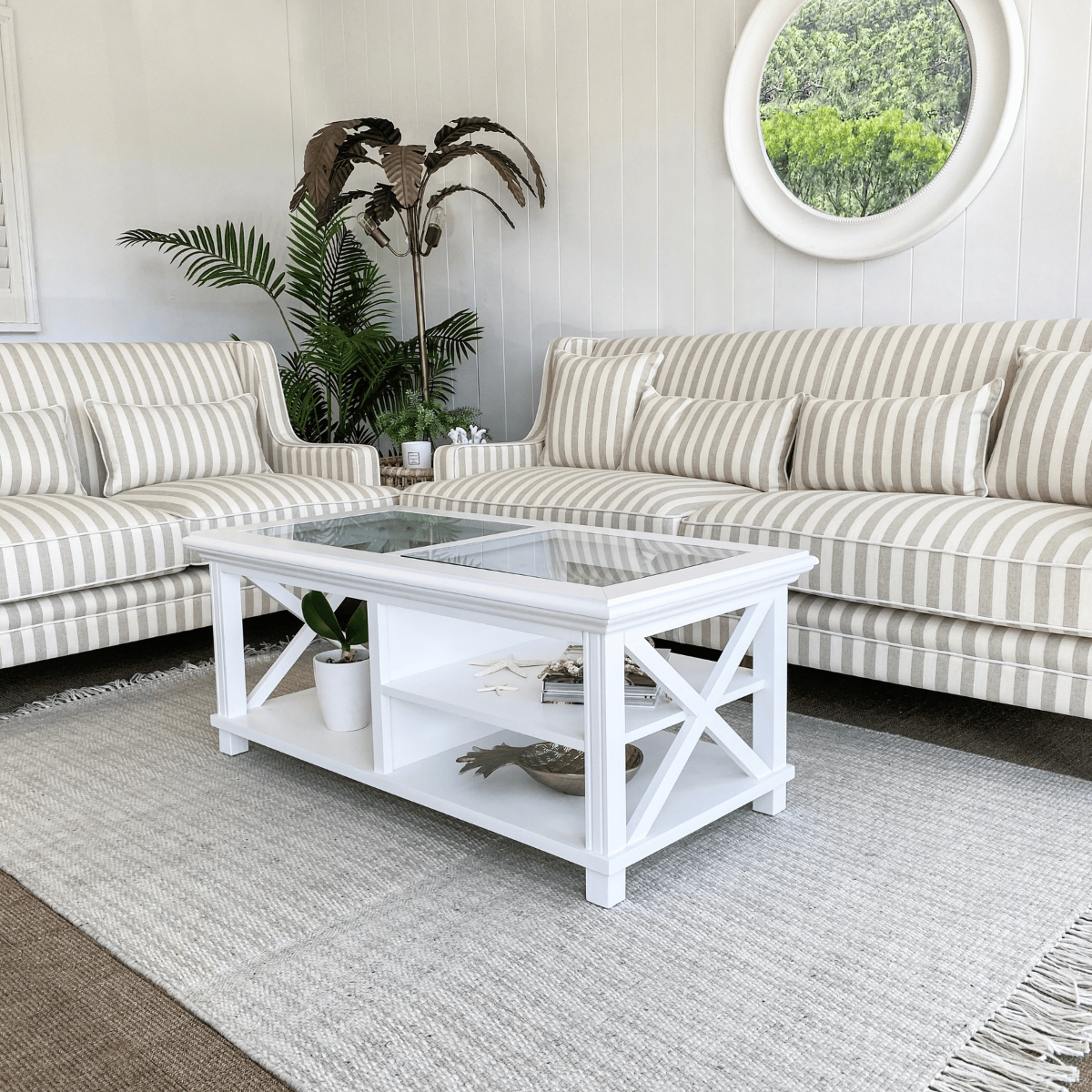 Bondi Hamptons 3 Seat Sofa Natural Stripe W/White Piping, W 215cm D 95cm H 94cm (RRP $2499) - Image 5