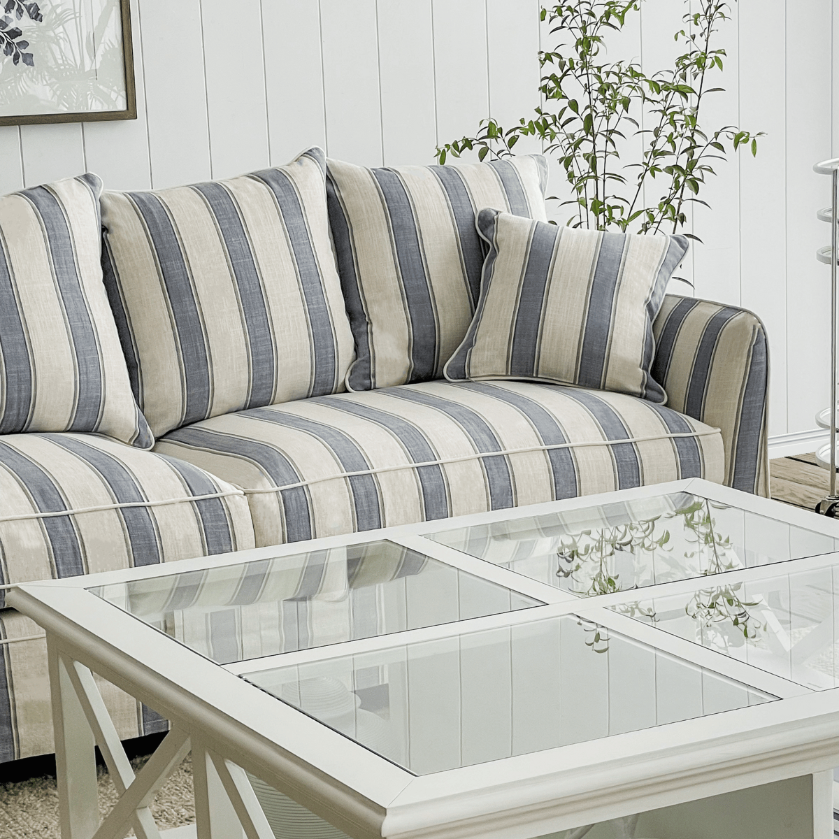 Noosa Hamptons 2.5 Seat Sofa Blue Sky Stripe, W 195cm D 91cm H 80cm (RRP $2699) - Image 2